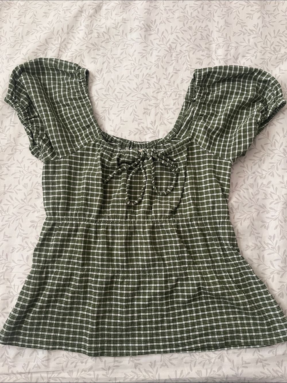 Madewell Olive Green Plaid Puff-Sleeve Square Neck Top